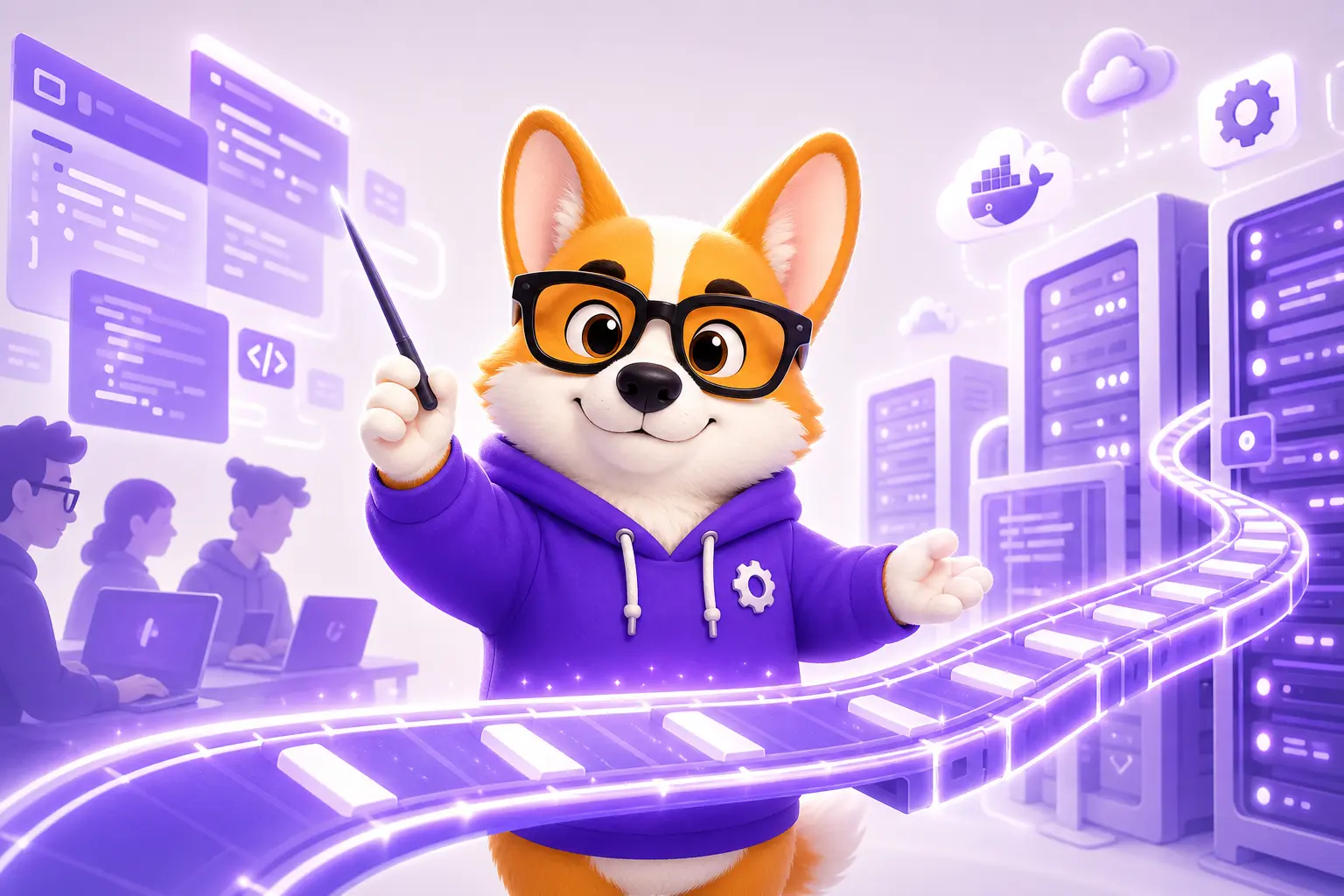 Маскот-корги в роли DevOps-инженера соединяет разработку и серверы