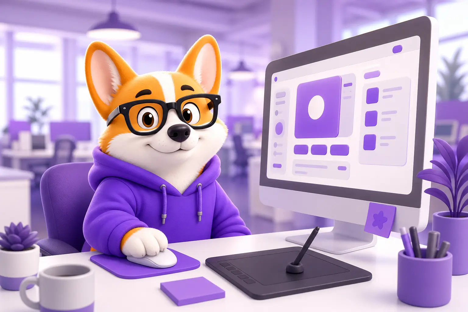 Корги Рой в роли UX/UI-дизайнера за монитором с интерфейсом