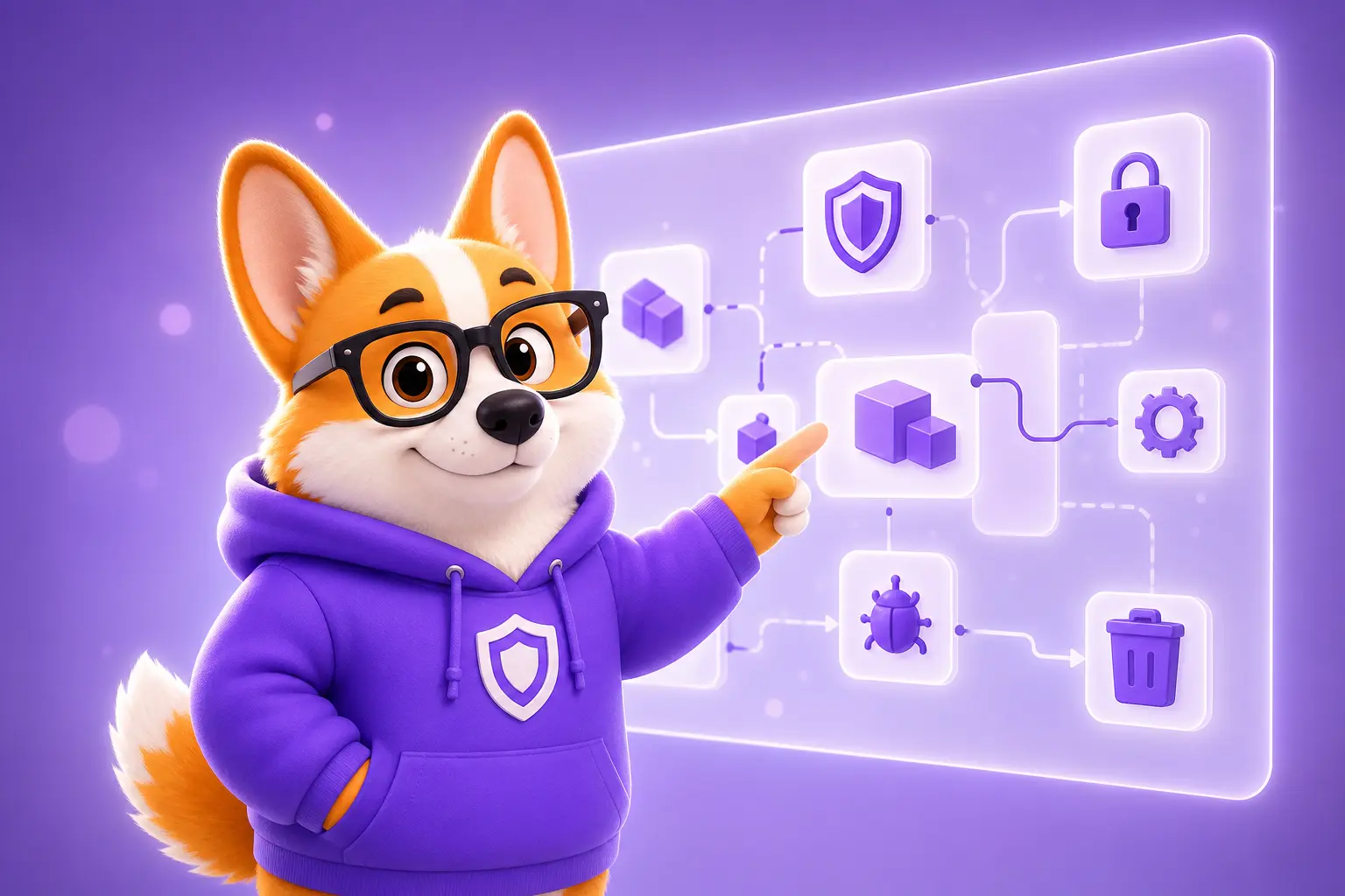 Корги Рой в роли DevSecOps-инженера у голографической схемы конвейера разработки
