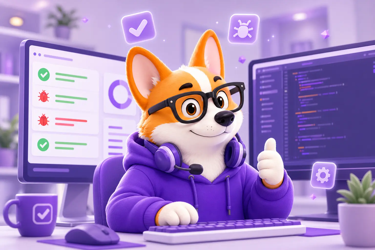 Маскот-корги Рой в роли QA Lead за двумя мониторами с дашбордом тестов