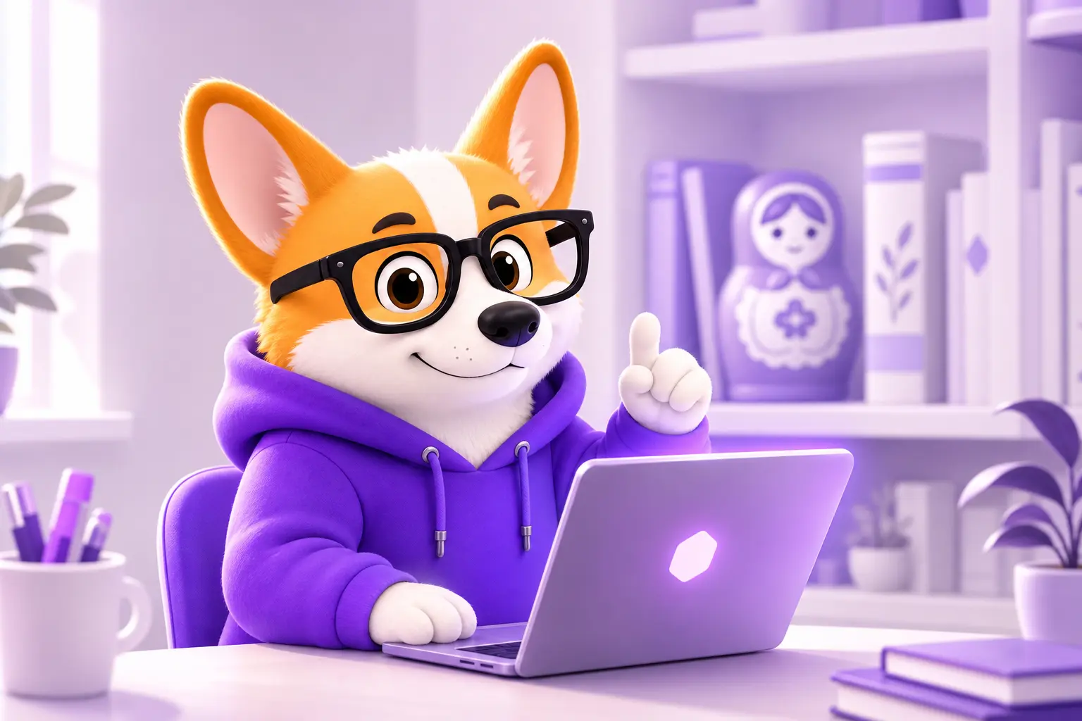 Корги Рой в фиолетовом худи за ноутбуком знакомит с нейросетью GigaChat