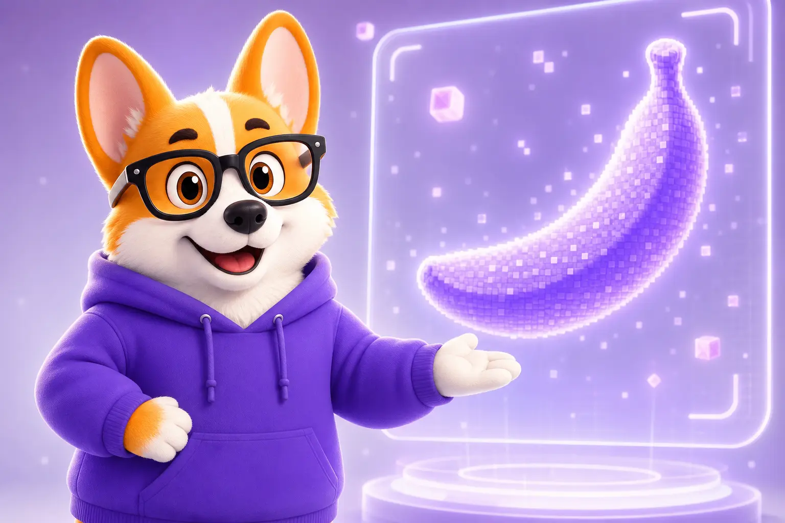 Корги-маскот Рой представляет нейросеть для генерации картинок Nano Banana