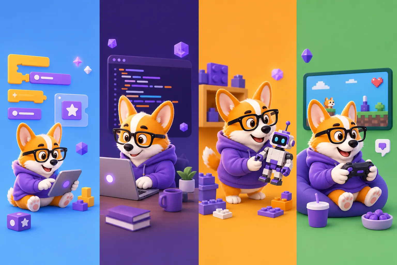 Четыре мини-Роя — типы юных учеников: Scratch, Python, робот, геймдизайн
