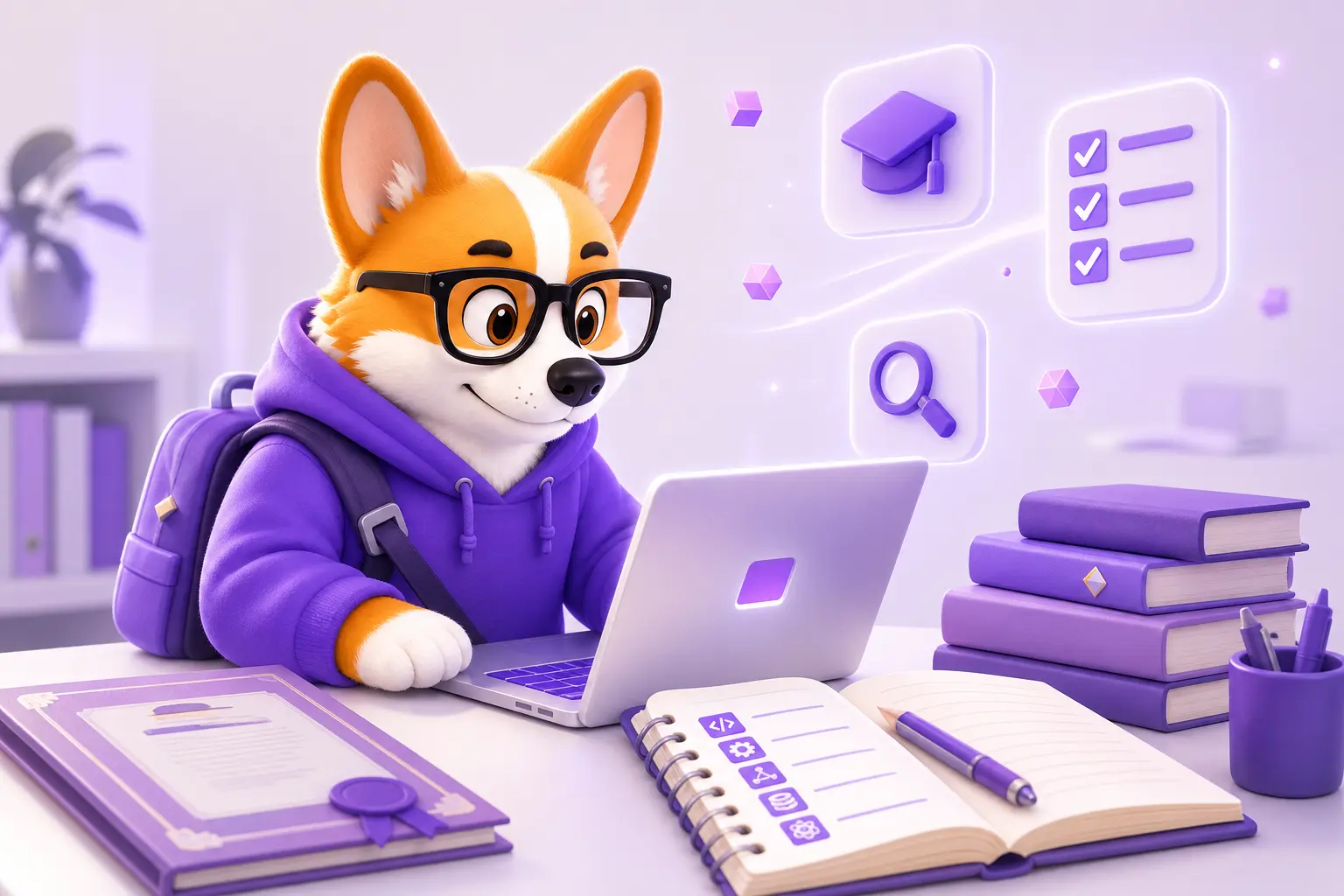Корги Рой-абитуриент выбирает IT-направление: ноутбук, аттестат и список специальностей
