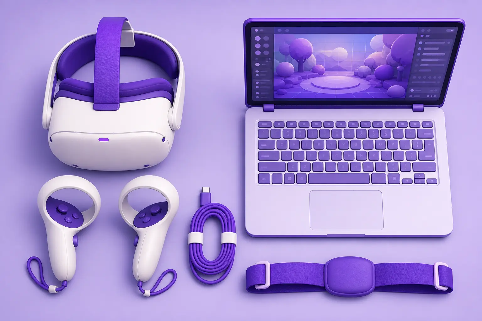 VR-оборудование для старта: шлем, контроллеры, ноутбук и кабель