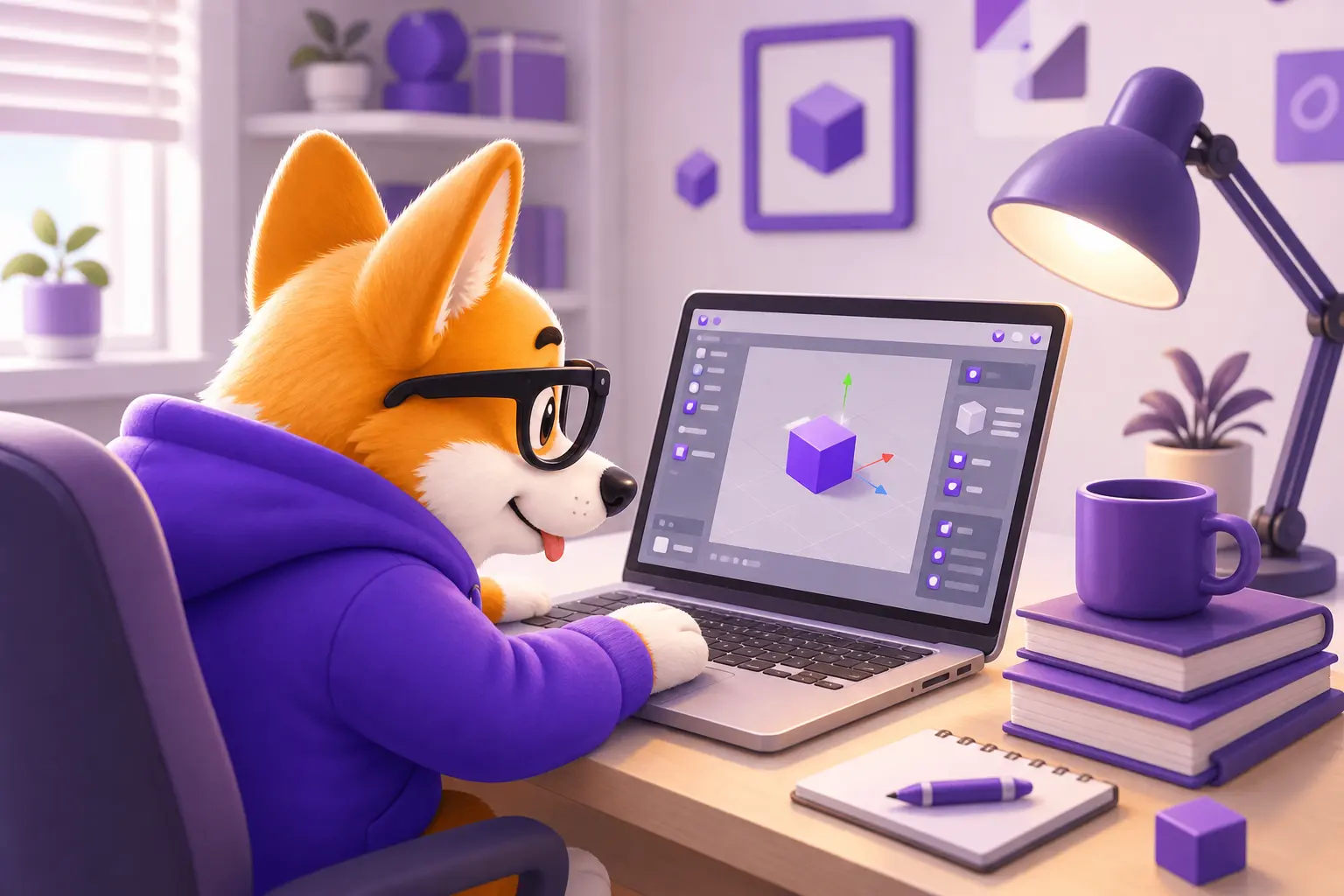 Корги Рой учится VR-разработке за ноутбуком с 3D-сценой