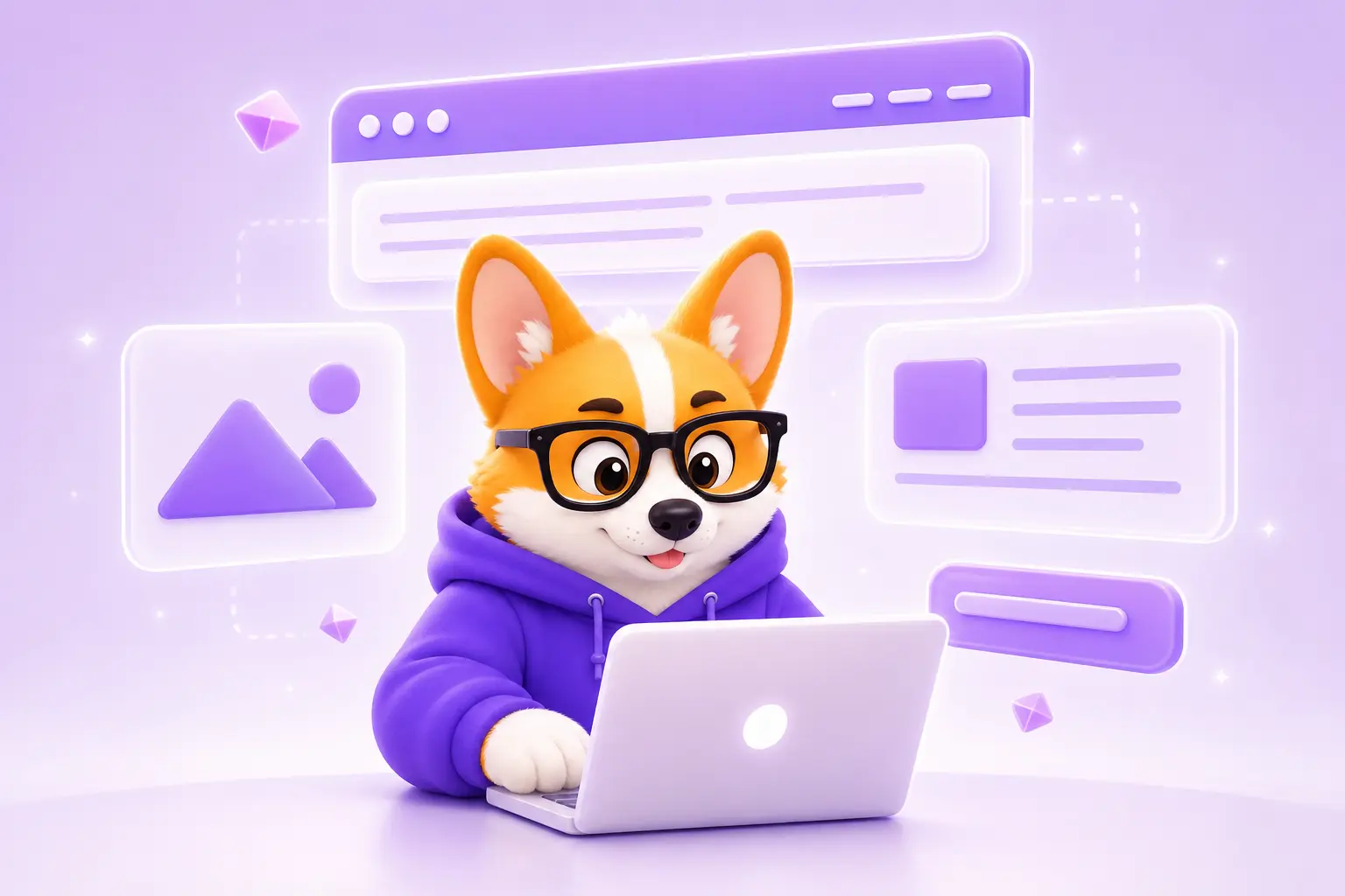 Корги Рой собирает сайт на WordPress за ноутбуком