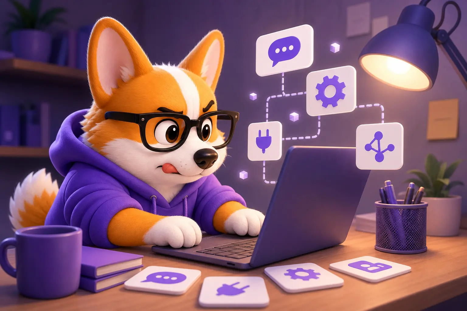 Корги Рой сосредоточенно осваивает навыки разработки чат-ботов за ноутбуком