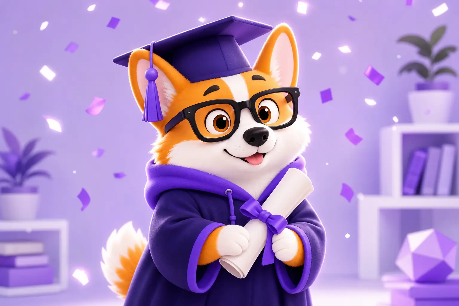 Корги Рой в выпускной мантии с дипломом в лапах