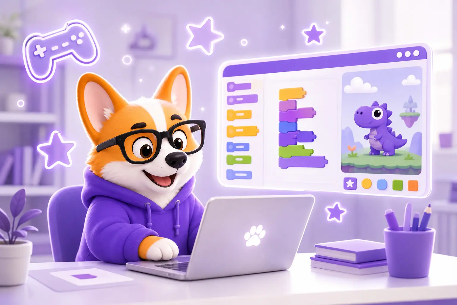 Корги Рой собирает игру из блоков визуального программирования Scratch на ноутбуке