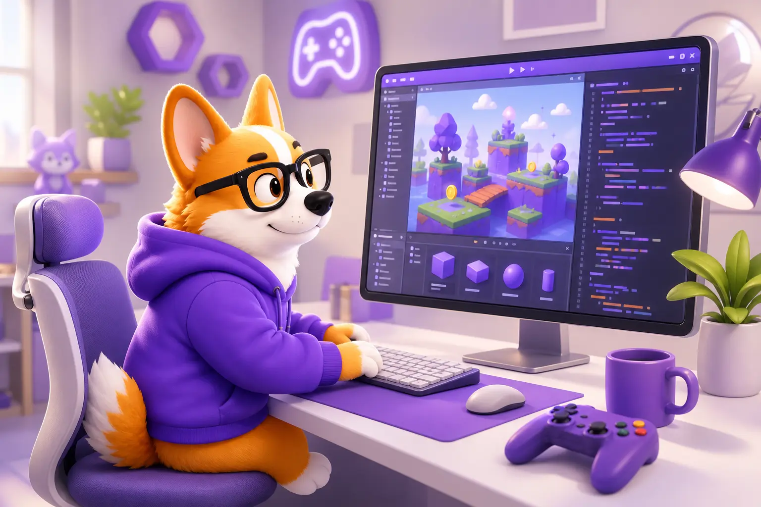 Рой-разработчик пишет код игры за компьютером в игровом движке