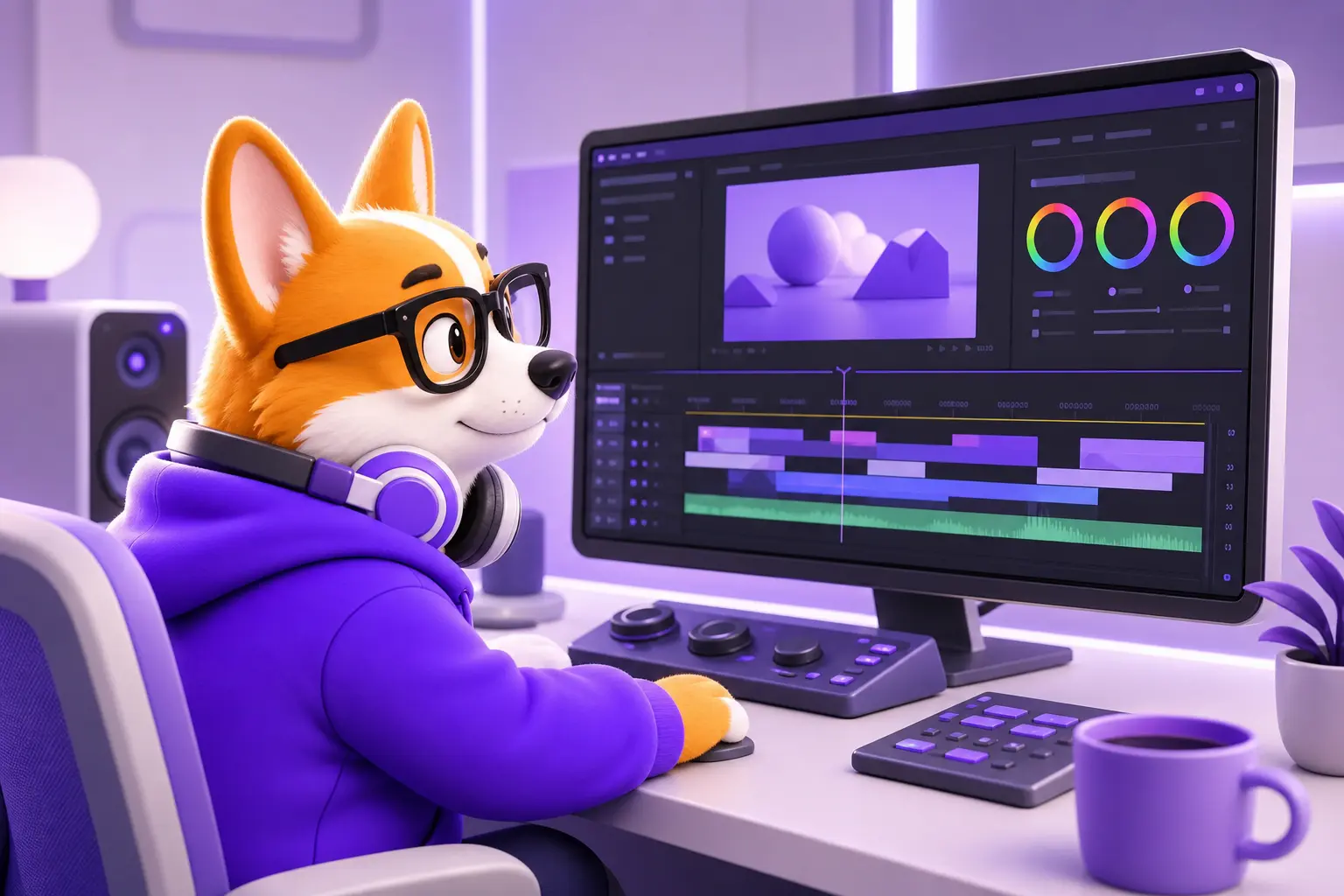 Корги Рой монтирует видео в DaVinci Resolve за рабочим столом Корги Рой монтирует видео в DaVinci Resolve за рабочим столом