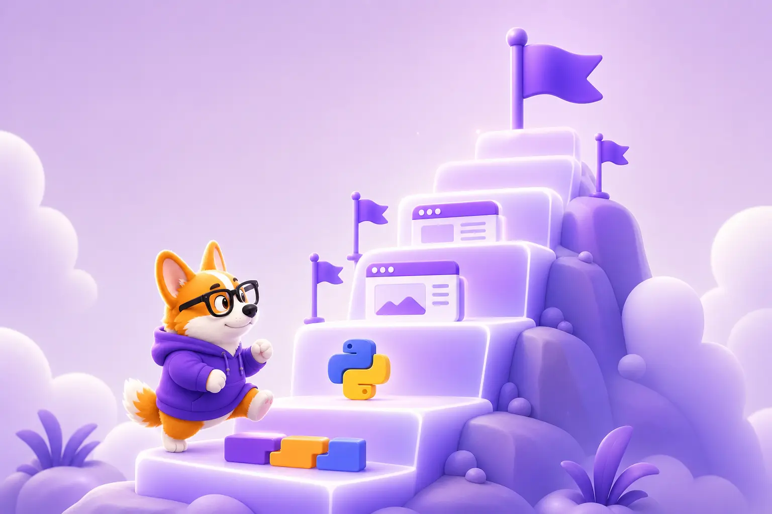Корги Рой поднимается по ступеням обучения от Scratch к Python