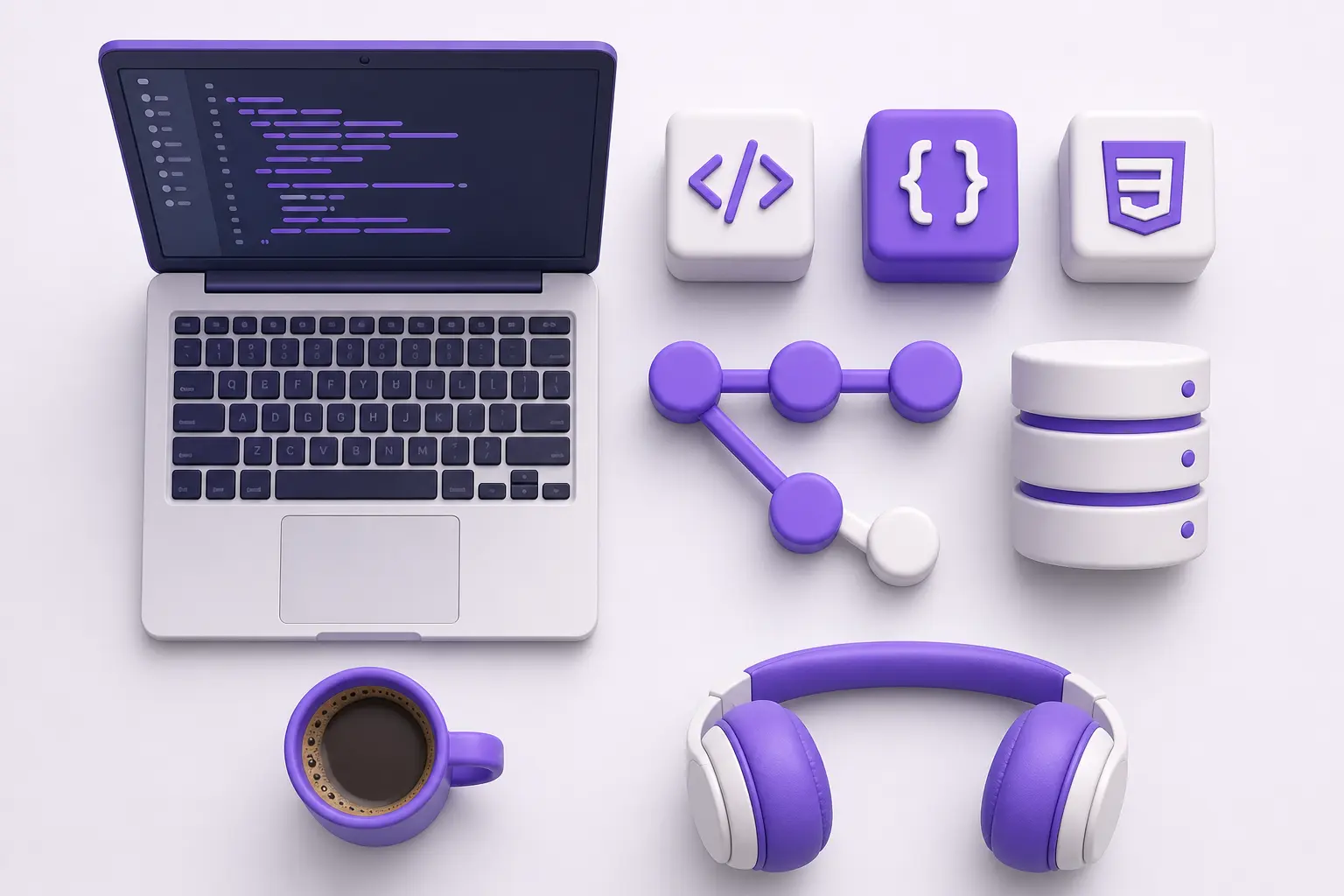 Раскладка инструментов веб-разработчика сверху: ноутбук, иконки HTML, CSS, JavaScript, база данных Раскладка инструментов веб-разработчика сверху: ноутбук, иконки HTML, CSS, JavaScript, база данных