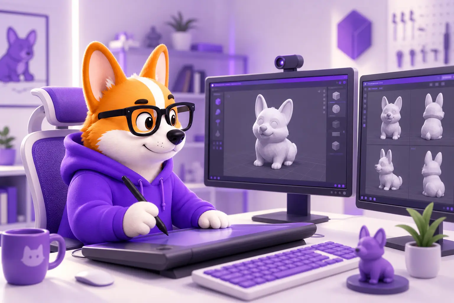 Рой за рабочим столом 3D-художника с двумя мониторами и графическим планшетом