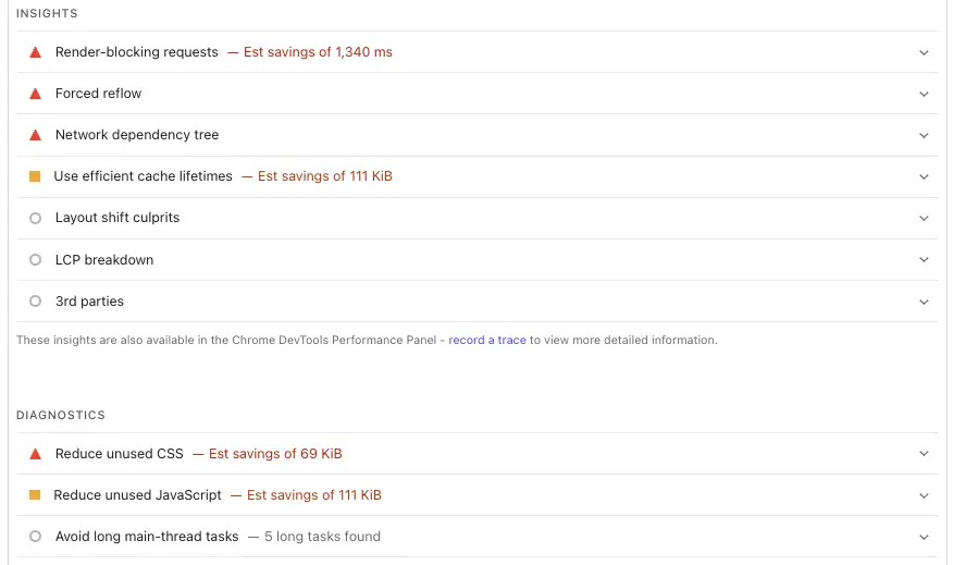 Screenshot рекомендации и инсайты Core Web Vitals для Checkroi