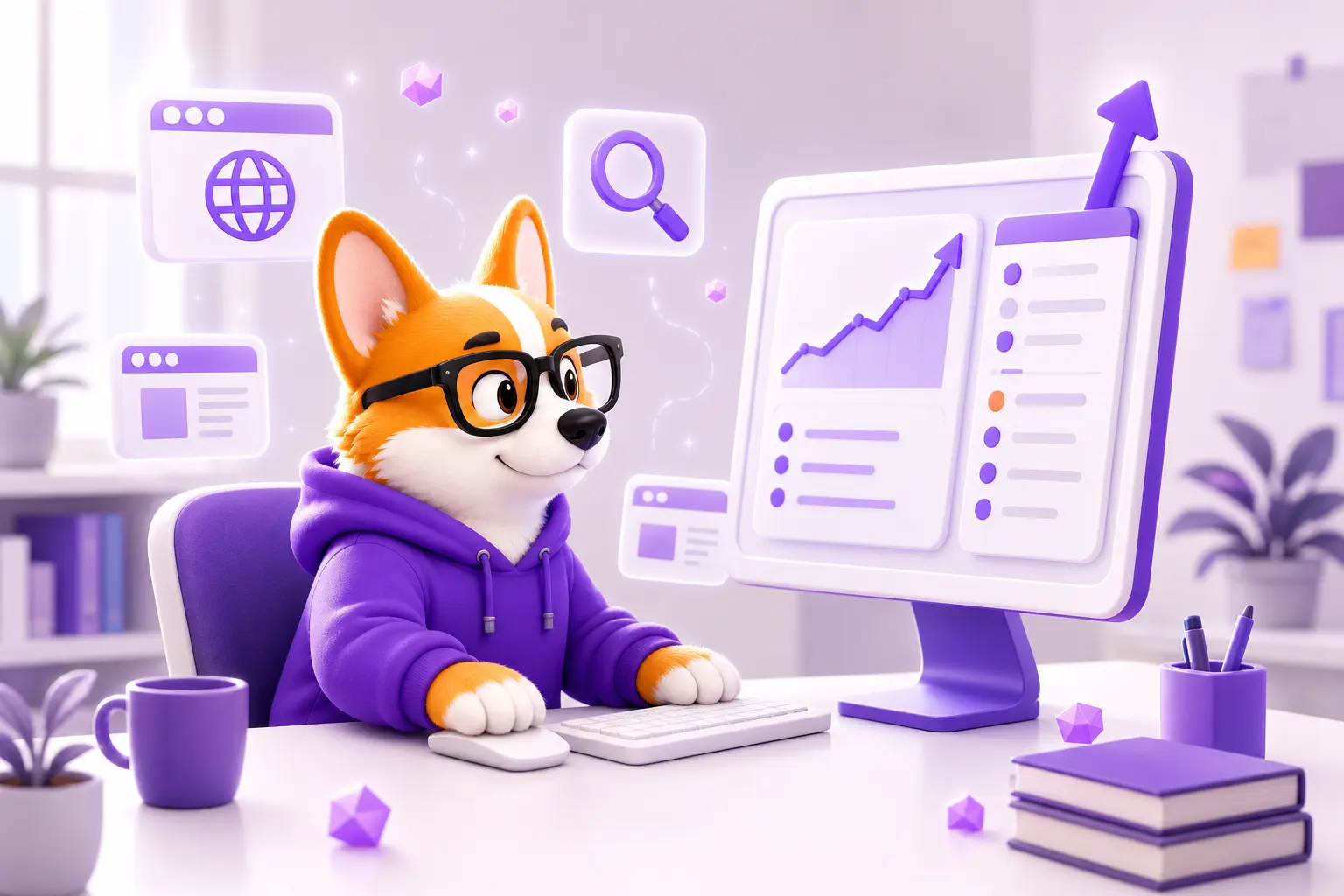 Рой-корги в роли SEO-специалиста следит за ростом трафика на мониторе