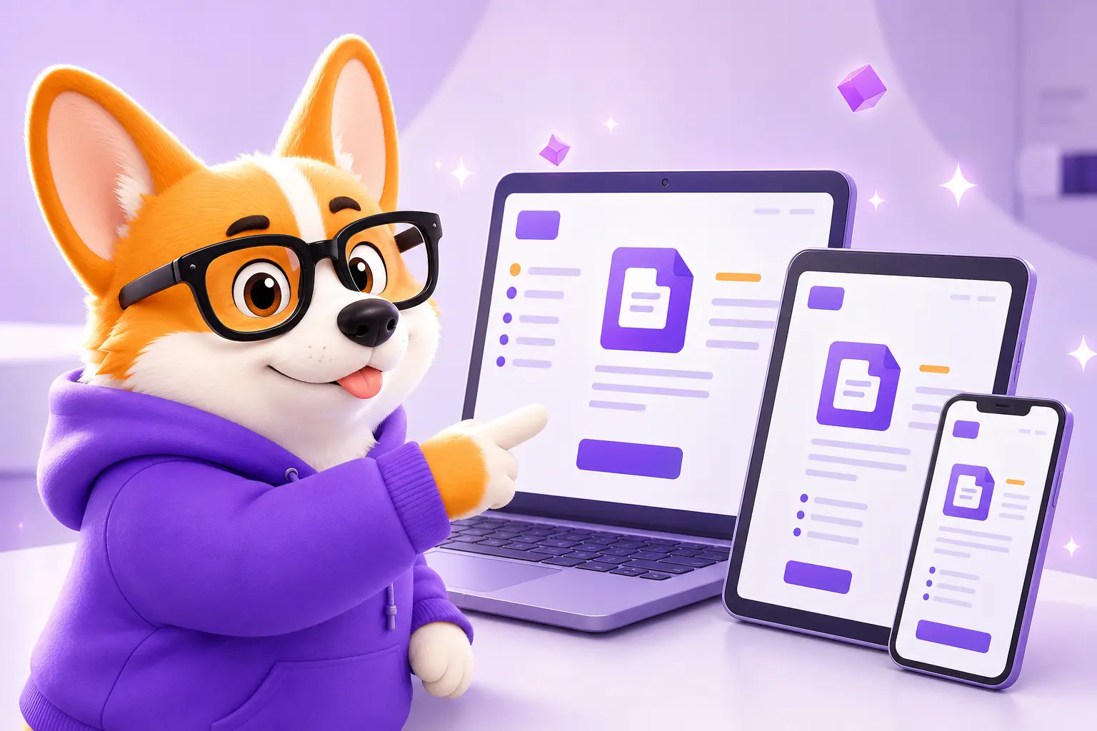 Рой показывает адаптивный сайт на ноутбуке, планшете и смартфоне