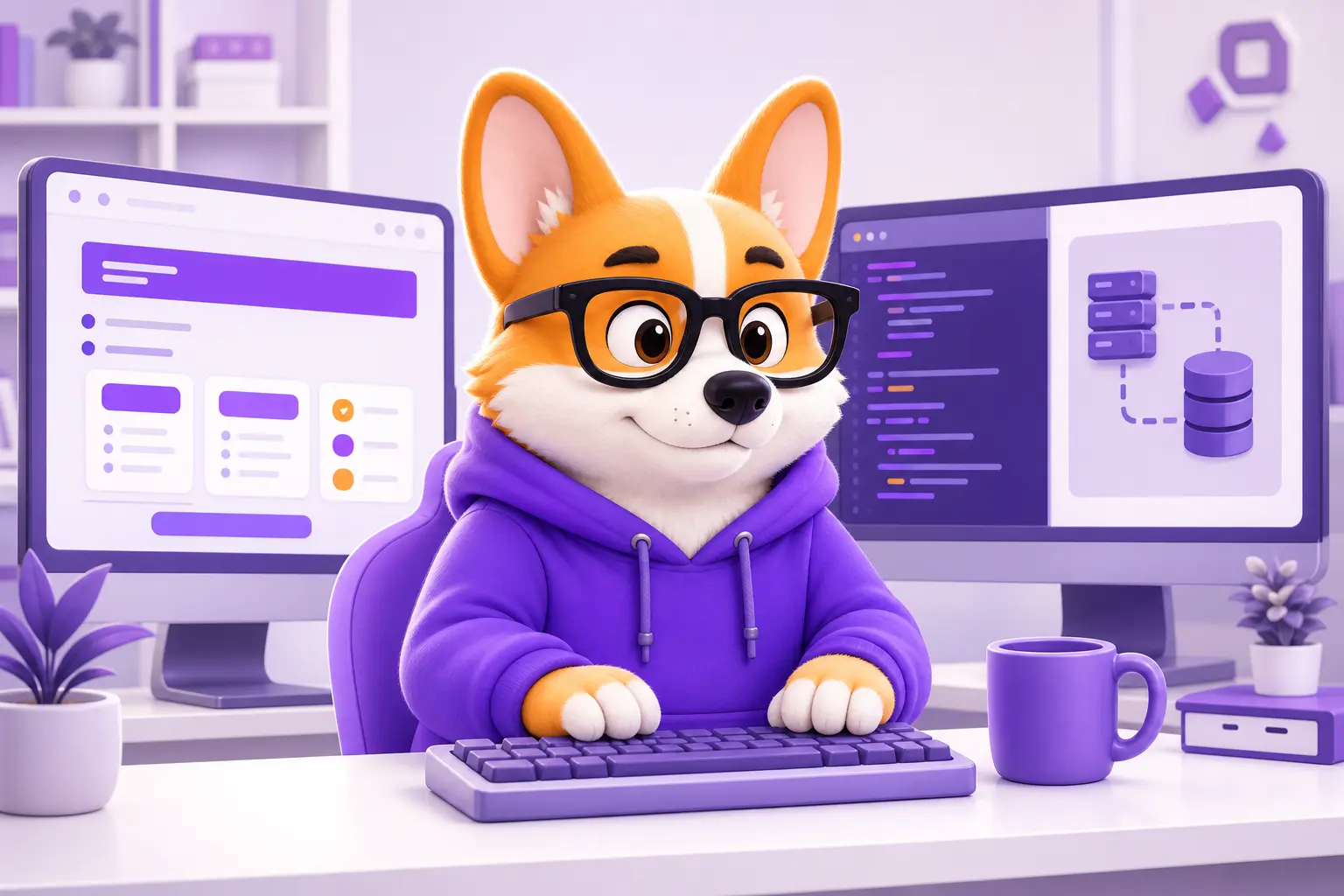 Корги Рой как fullstack-разработчик за двумя мониторами: на одном интерфейс сайта, на другом код сервера