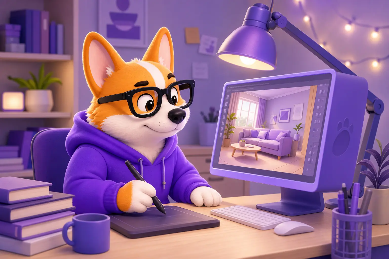 Корги Рой учится на 3D-визуализатора за компьютером с рендером интерьера
