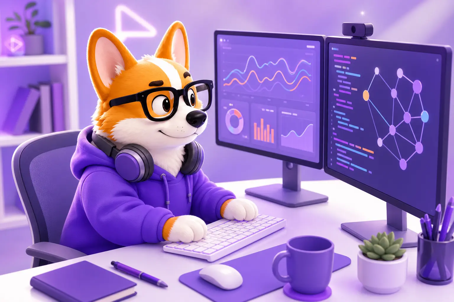 ML-инженер Рой за рабочим столом с двумя мониторами