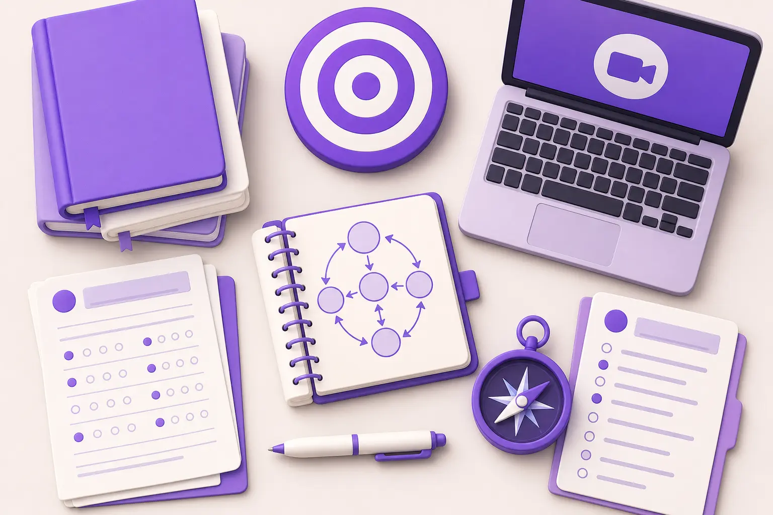 Раскладка инструментов акмеолога сверху: блокнот со схемой, бланки тестов, ноутбук, книги, компас Раскладка инструментов акмеолога сверху: блокнот со схемой, бланки тестов, ноутбук, книги, компас
