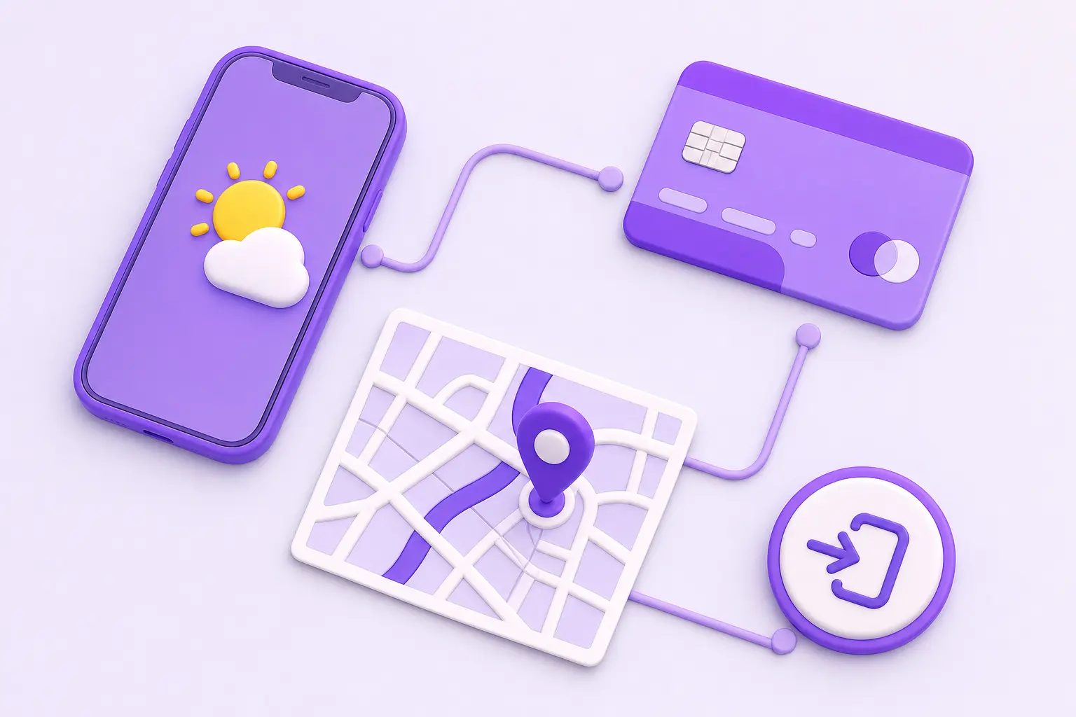 Раскладка привычных вещей, за которыми стоит API: телефон с погодой, банковская карта, карта с меткой и кнопка входа