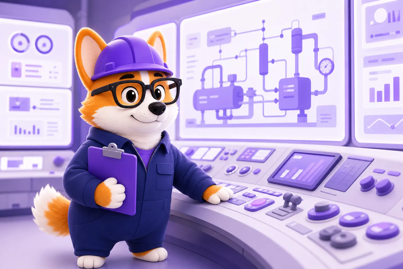 Рой в роли инженера АСУ ТП у операторского пульта со SCADA-экранами