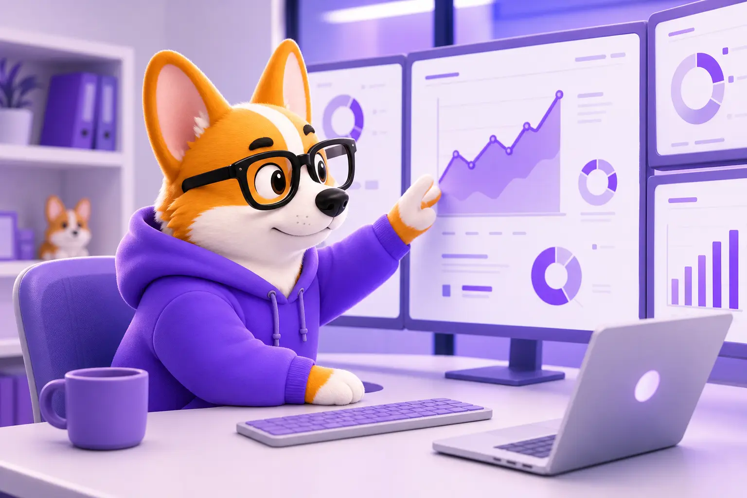Корги Рой-аналитик изучает данные продаж на нескольких экранах