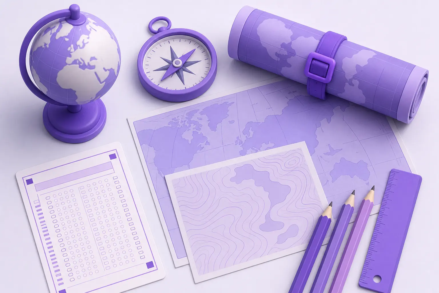 Предметы абитуриента-географа: глобус, компас, атлас, контурные карты