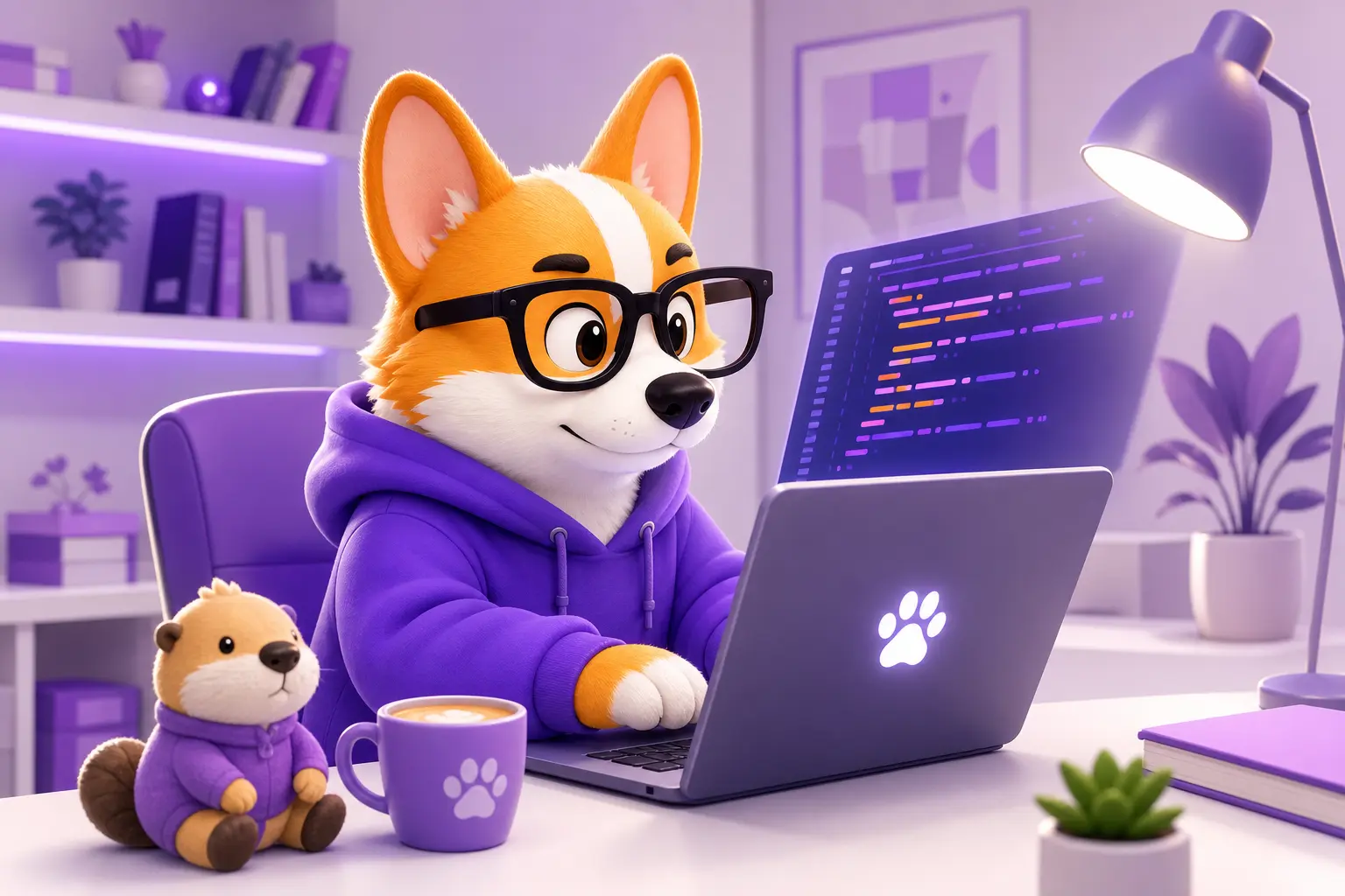 Корги Рой пишет код на Go за рабочим столом Корги Рой пишет код на Go за рабочим столом
