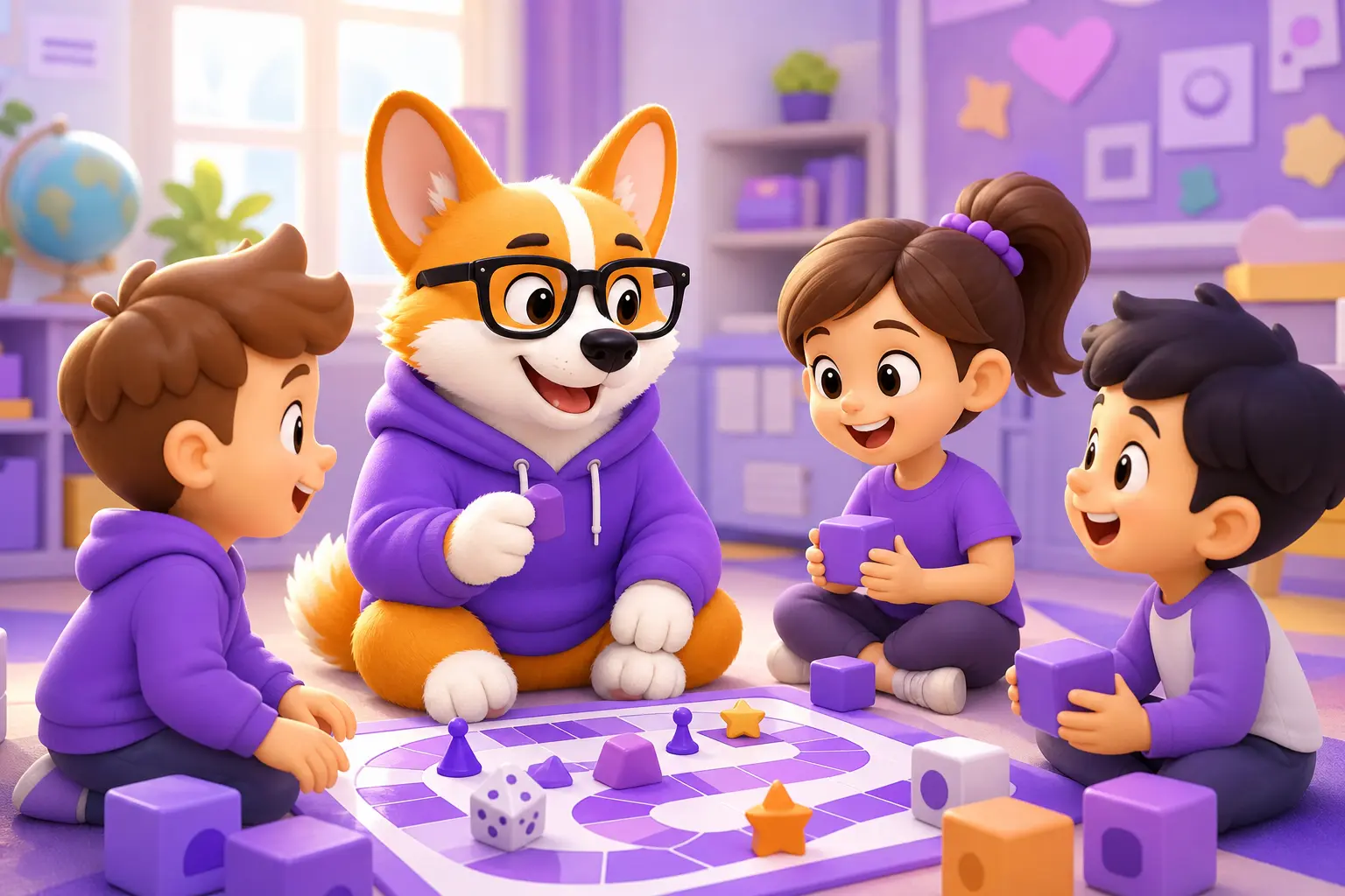 Игропедагог-корги ведёт развивающую игру с детьми в классе