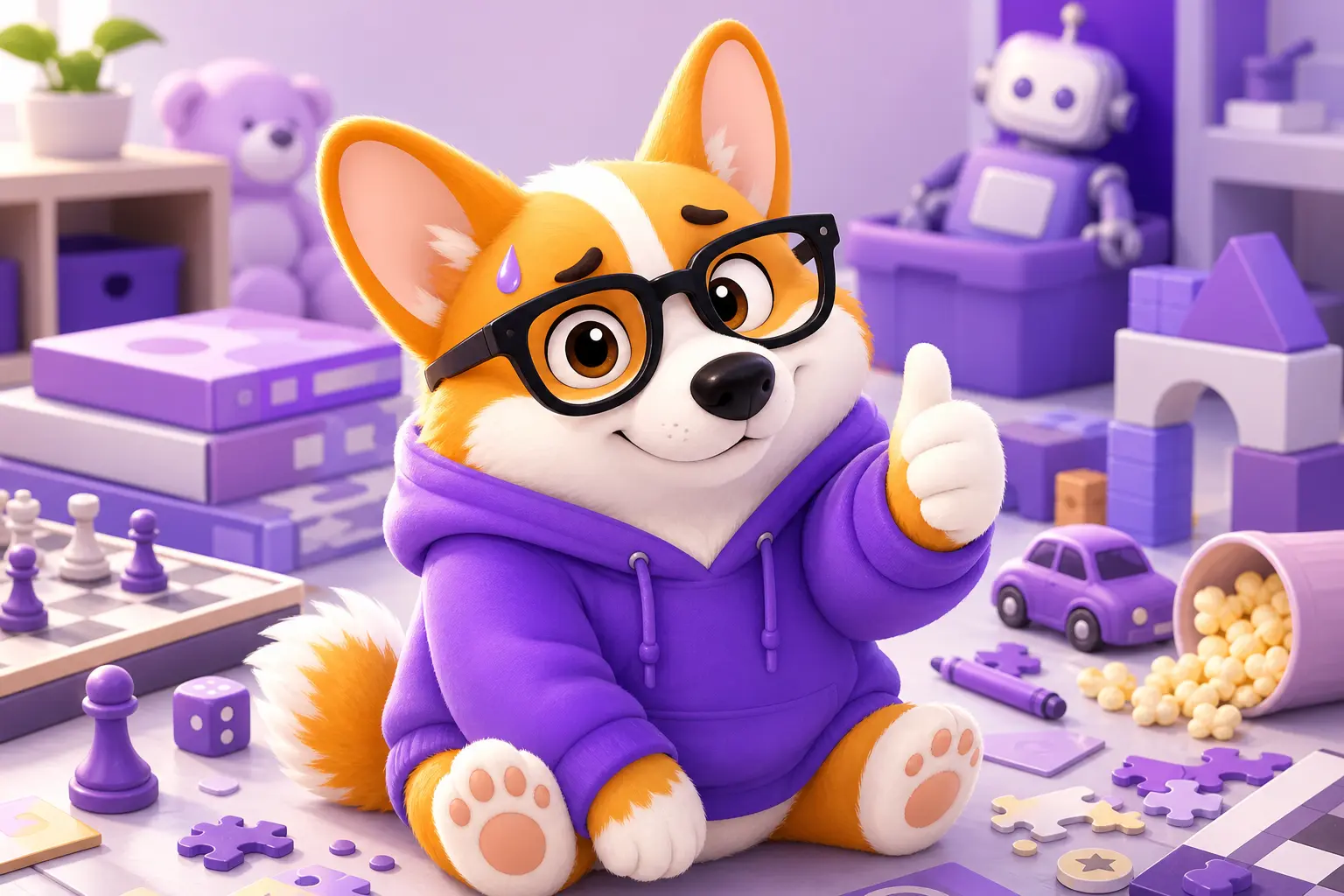 Корги-игропедагог радостный, но немного уставший среди игрушек