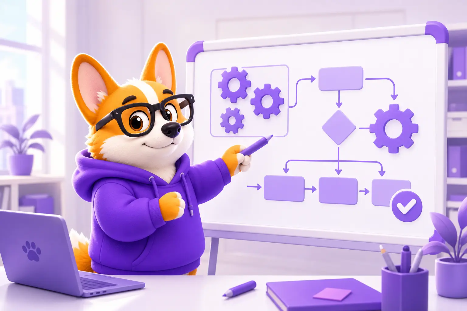 IT-консультант объясняет IT-стратегию у доски со схемой