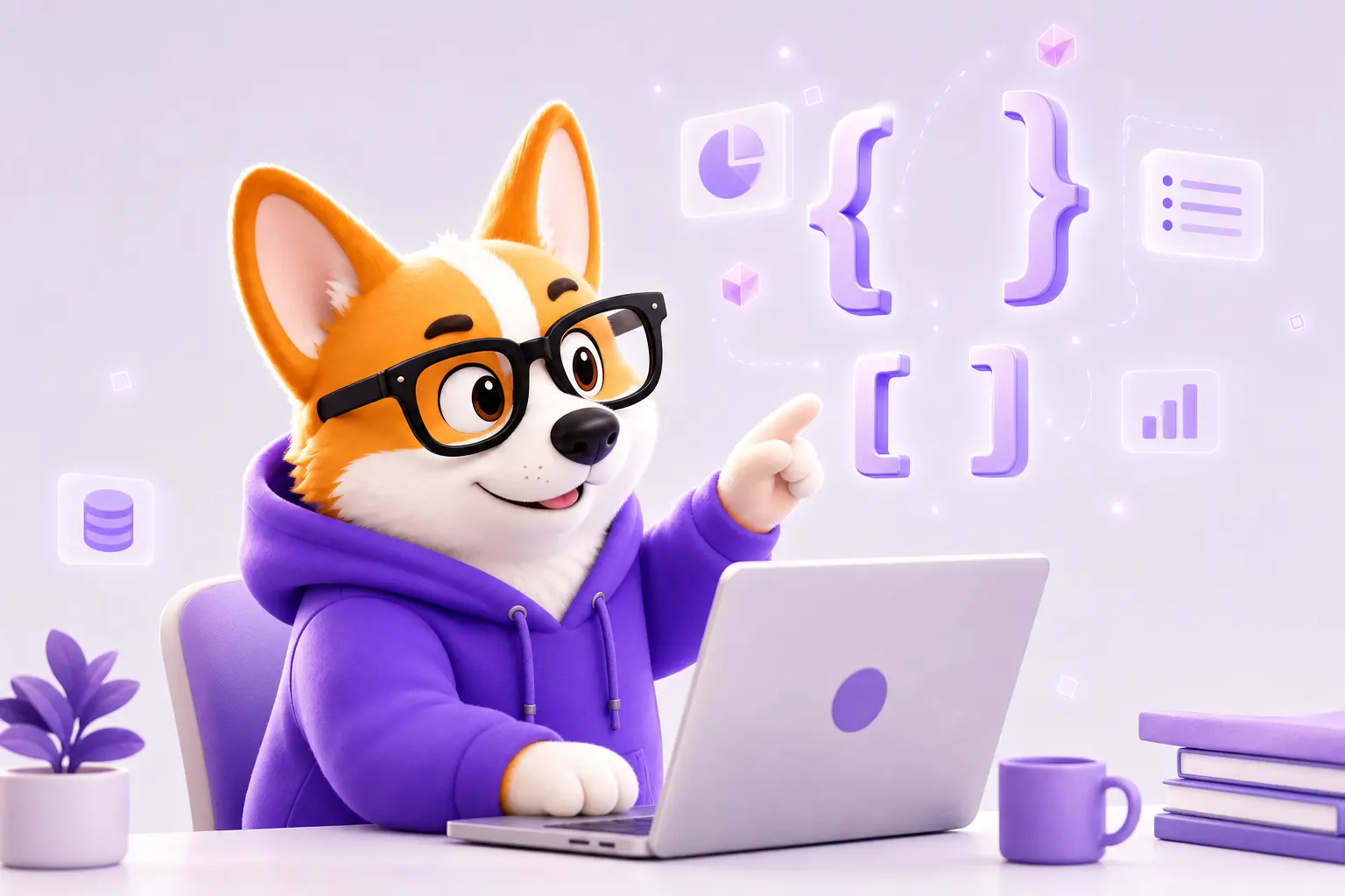 Корги Рой объясняет, что такое JSON, у ноутбука с фигурными скобками Корги Рой объясняет, что такое JSON, у ноутбука с фигурными скобками