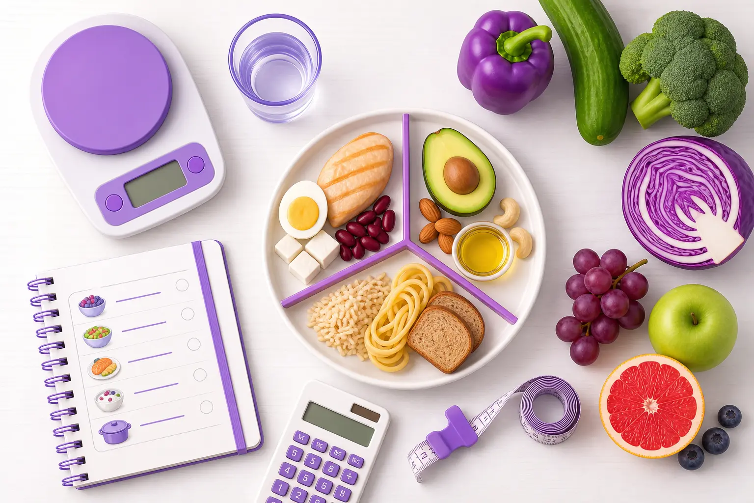 Раскладка инструментов консультанта по питанию — весы, продукты, план меню