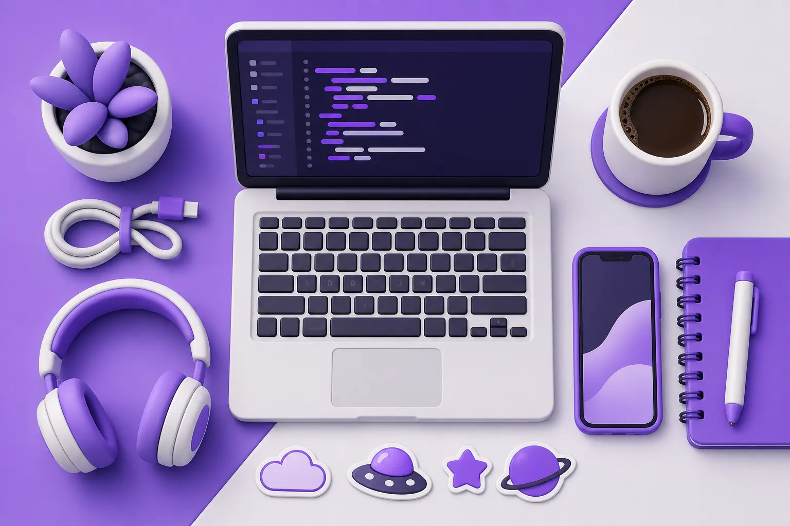 Рабочий набор Flutter-разработчика разложен ровной сеткой: ноутбук, телефон, кабель, наушники, кофе Рабочий набор Flutter-разработчика разложен ровной сеткой: ноутбук, телефон, кабель, наушники, кофе