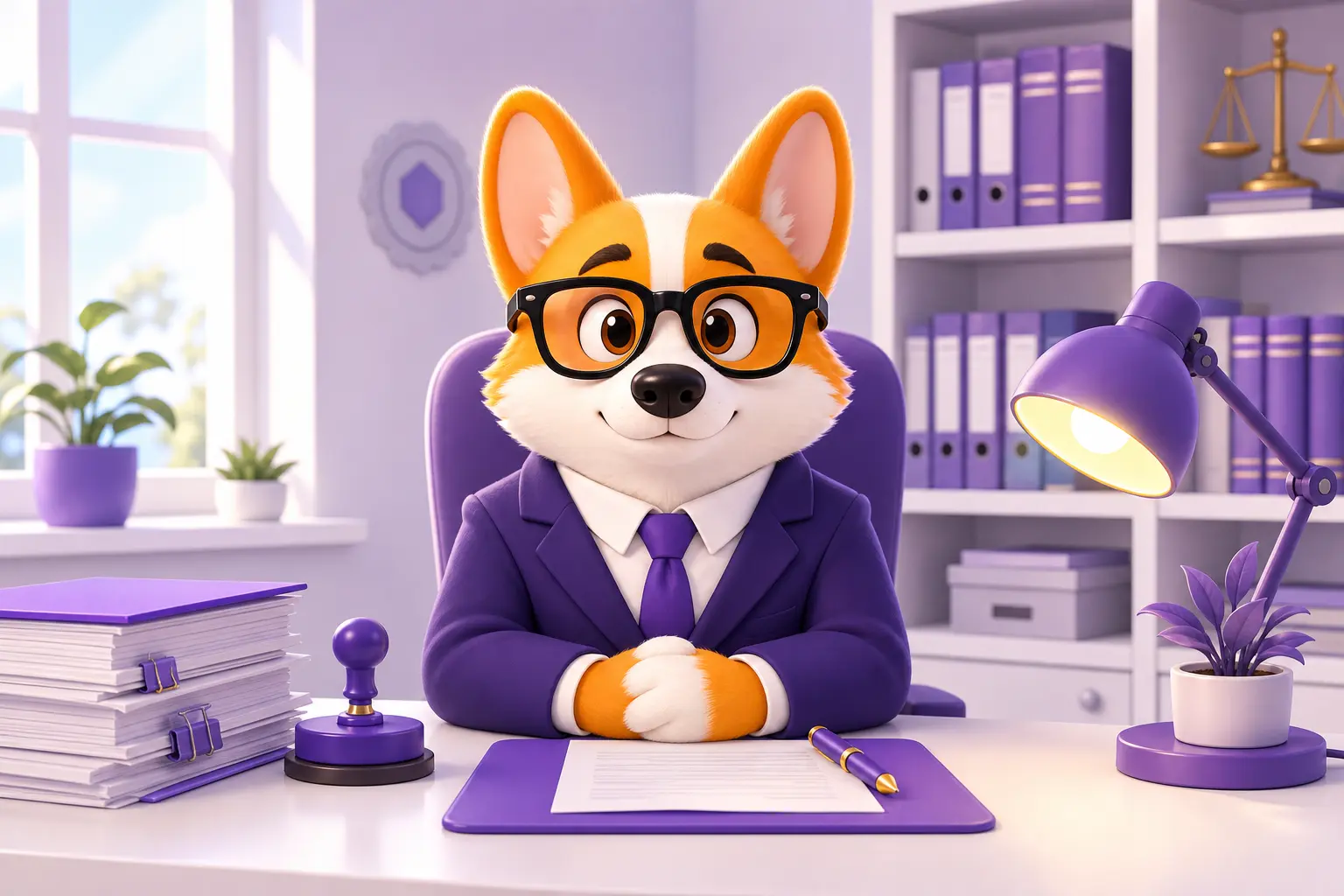 Рой в роли нотариуса за рабочим столом конторы
