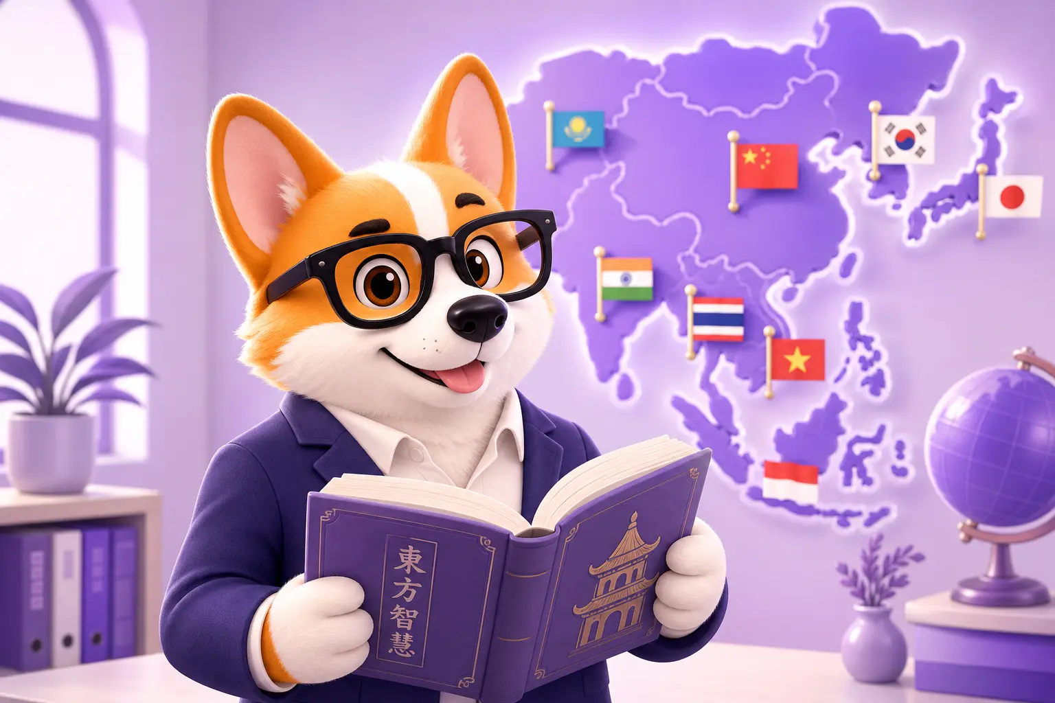 Рой-востоковед с книгой на фоне карты Азии Рой-востоковед с книгой на фоне карты Азии