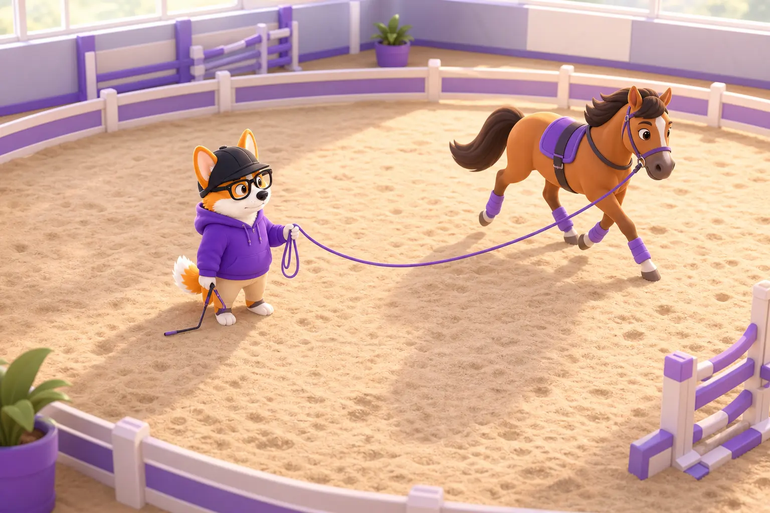 Берейтор работает молодую лошадь на корде в центре манежа