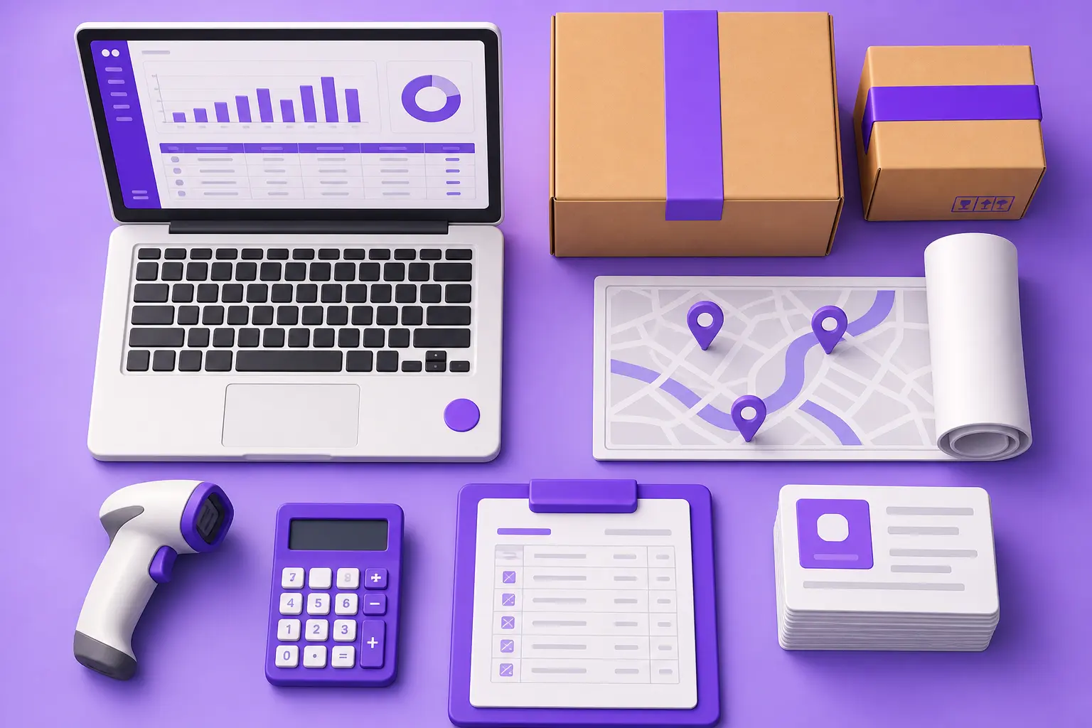 Раскладка инструментов логиста: ноутбук, коробки, карта маршрута, сканер Раскладка инструментов логиста: ноутбук, коробки, карта маршрута, сканер