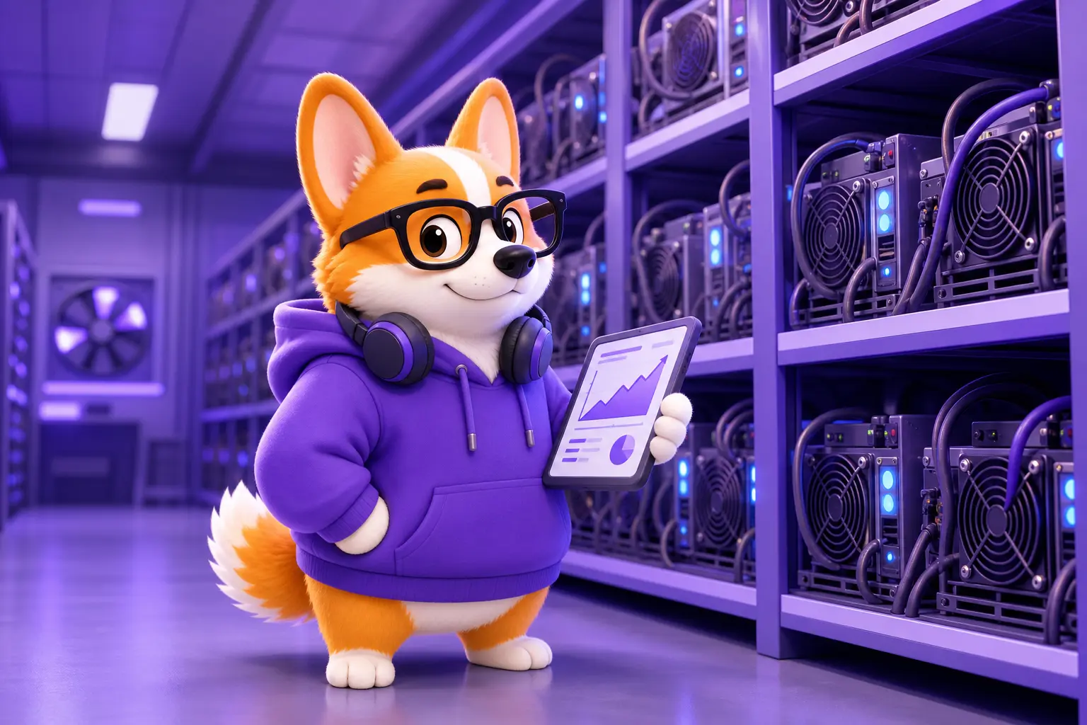 Майнер криптовалют у стойки с ASIC-майнерами на ферме