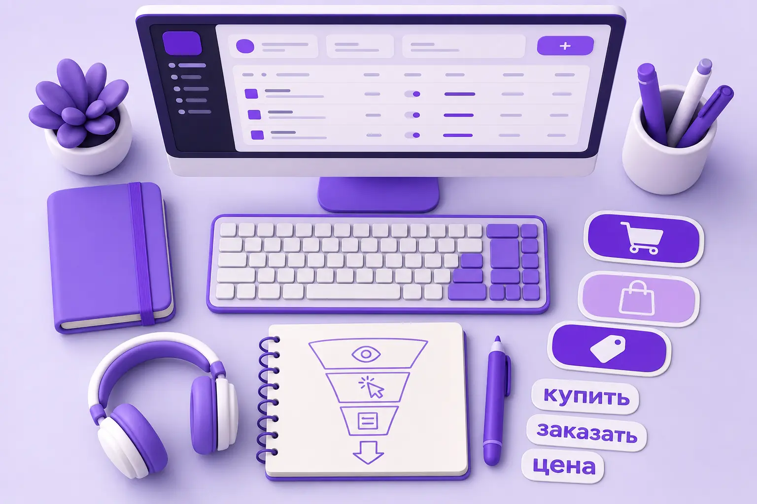 Раскладка инструментов специалиста по контекстной рекламе: экран с рекламным кабинетом, блокнот с воронкой продаж и стикеры ключевых слов