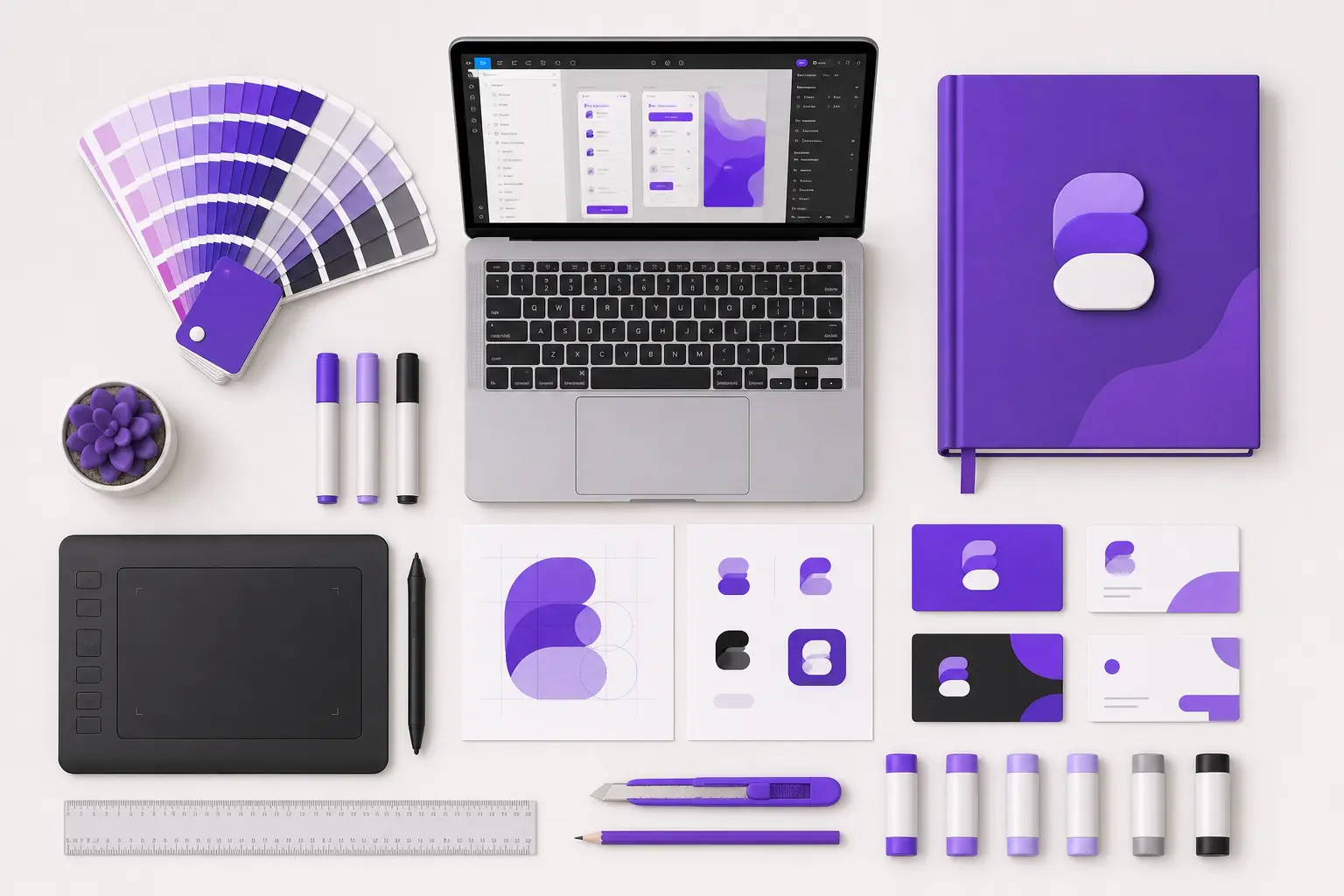 Раскладка инструментов бренд-дизайнера: планшет, Pantone, брендбук