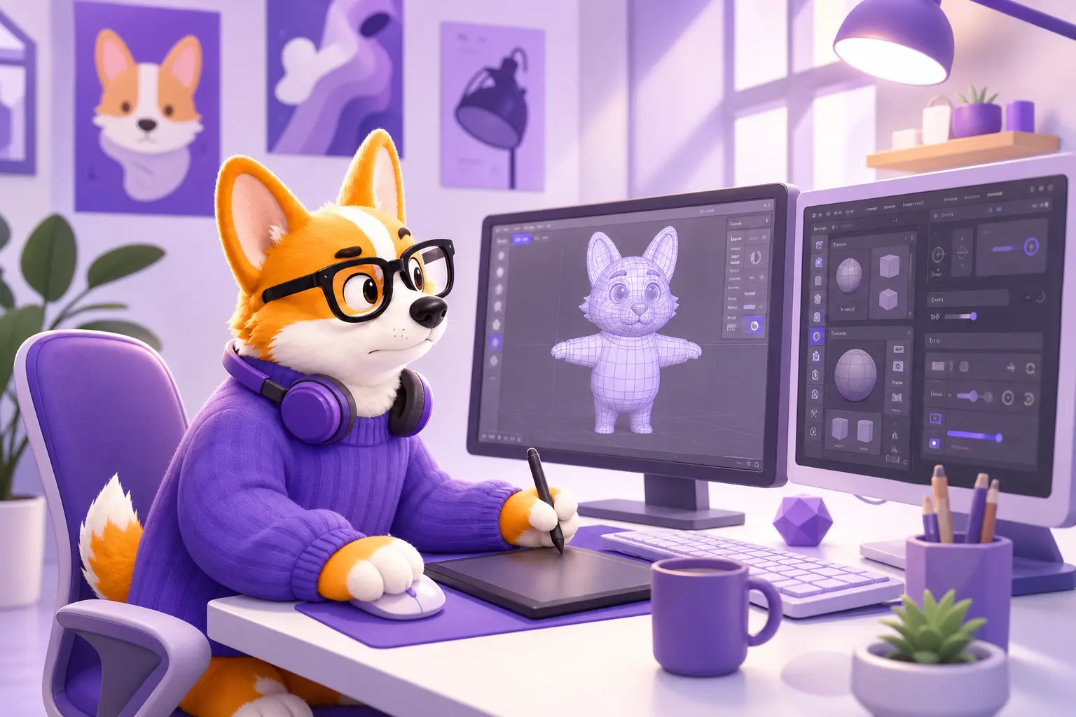Рой-корги 3D-дизайнер за рабочим столом с двумя мониторами и 3D-моделью персонажа