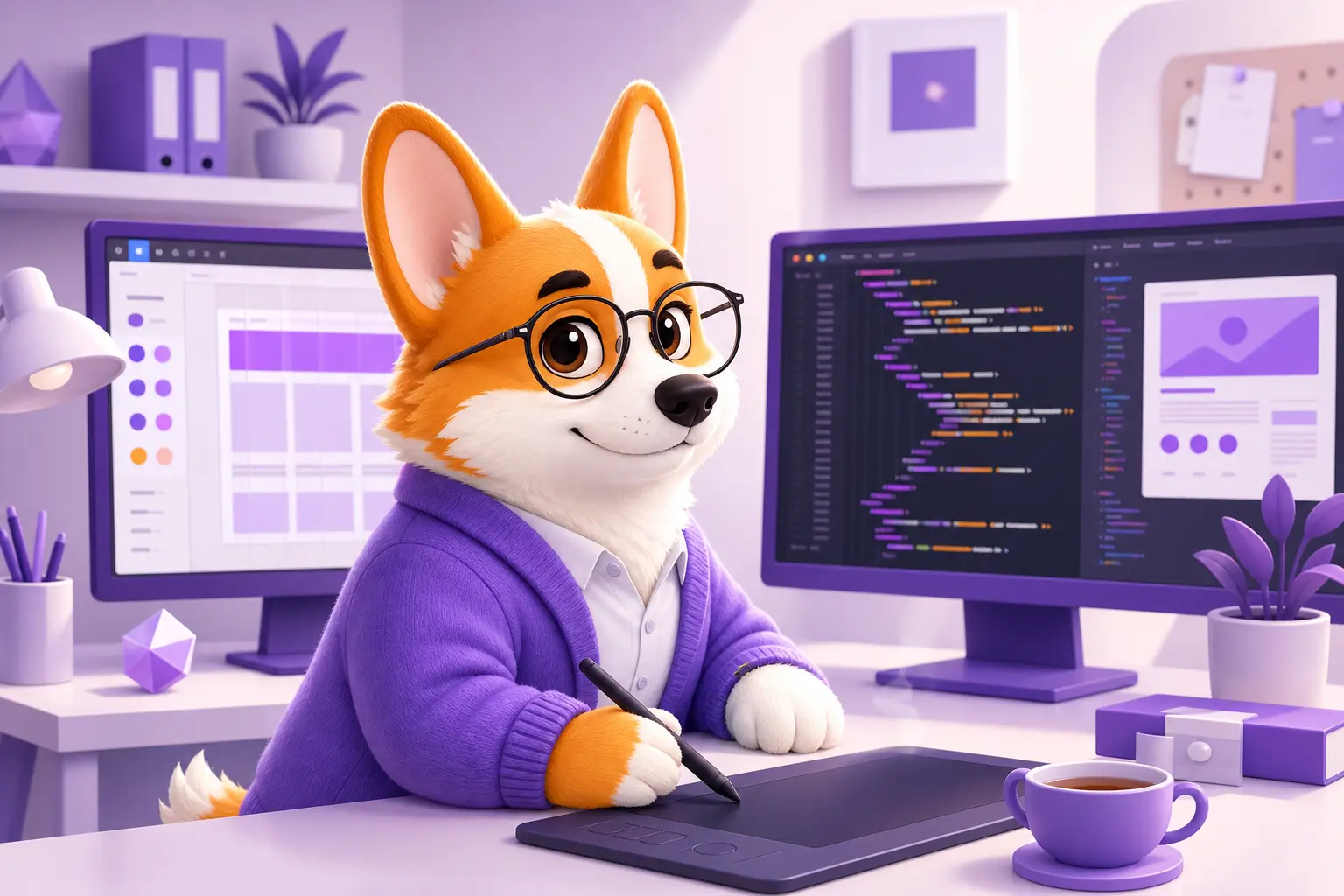 Рой-корги — fullstack-дизайнер за столом с макетом и кодом на двух экранах