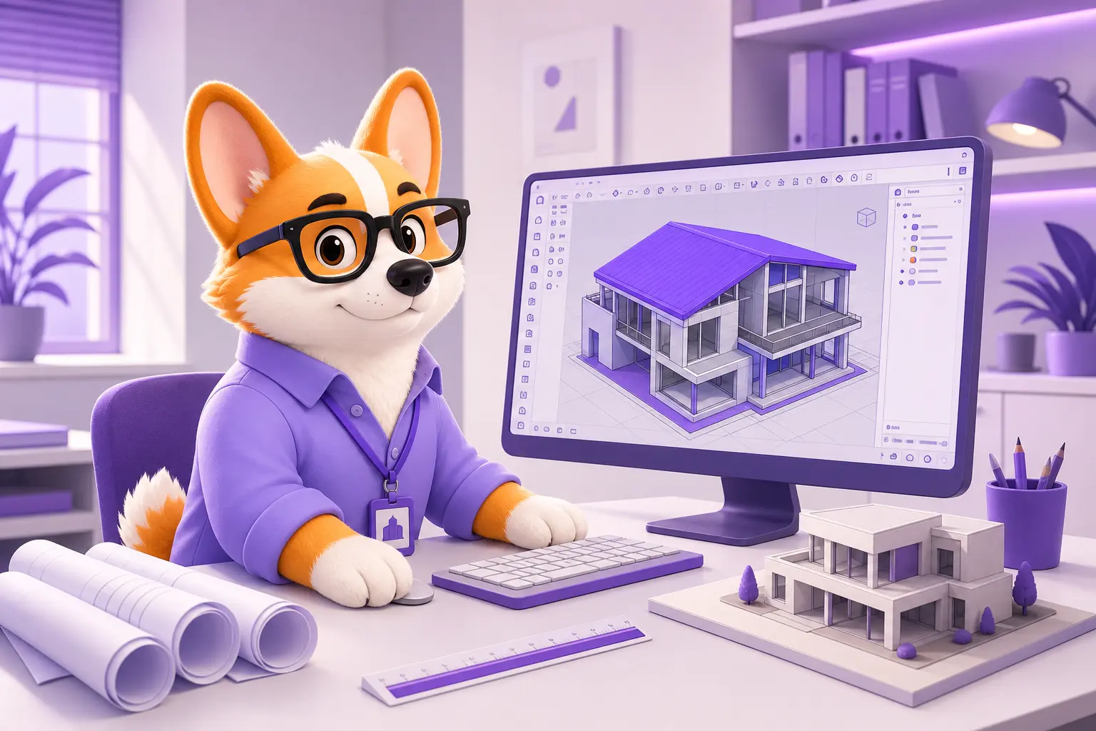 Рой в образе специалиста по ArchiCAD за монитором с 3D-моделью здания