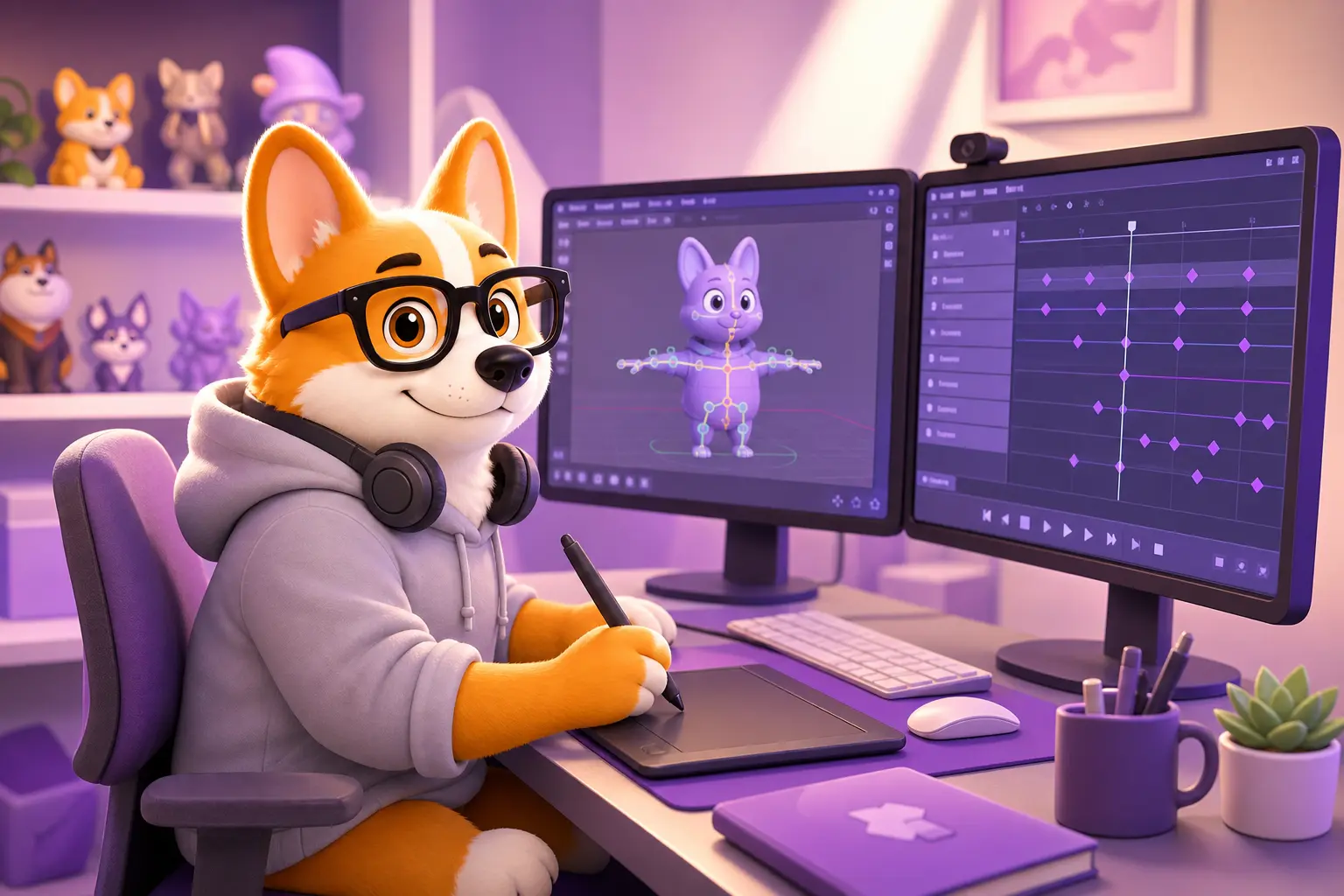 Рой-корги 3D-аниматор за рабочим местом с моделью персонажа и ригом на экране
