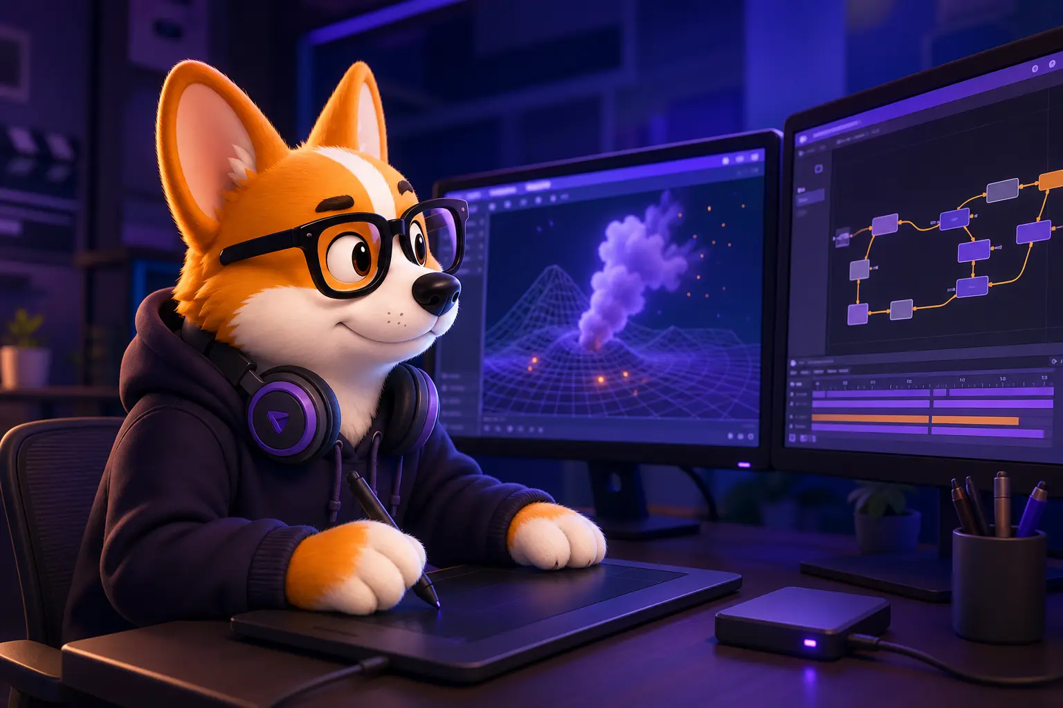 Рой-корги в образе VFX-художника сидит за двумя мониторами со сценой симуляции дыма и нодами компоузинга