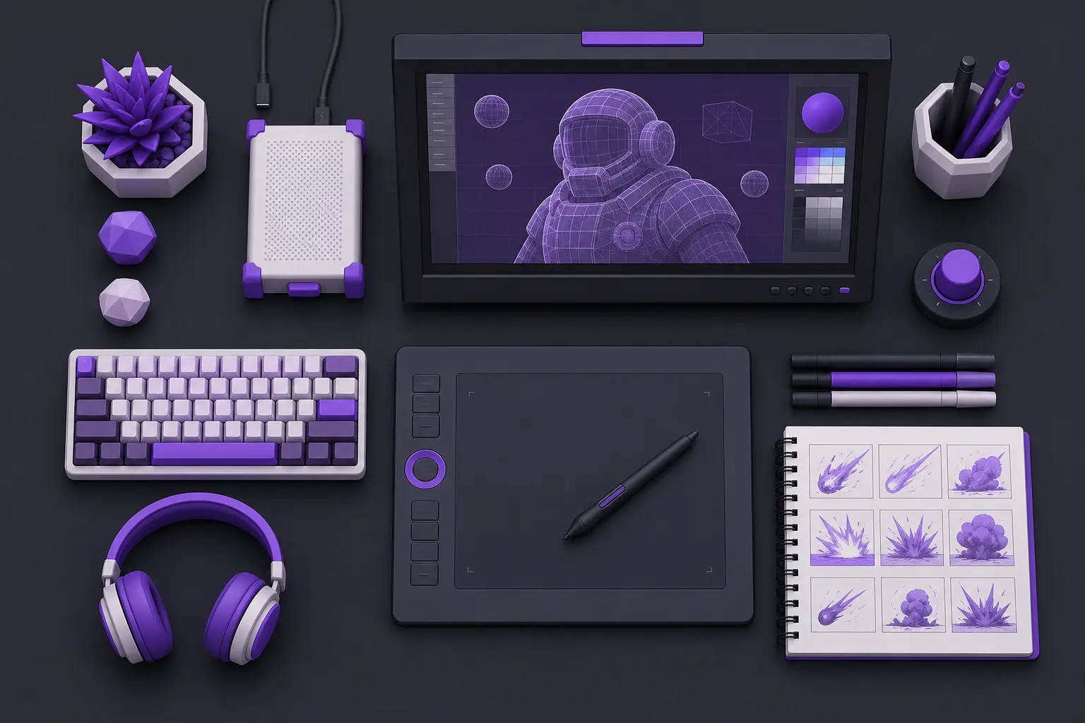 Knolling-раскладка инструментов VFX-художника: планшет, клавиатура, накопитель, монитор с вайрфреймом, наушники
